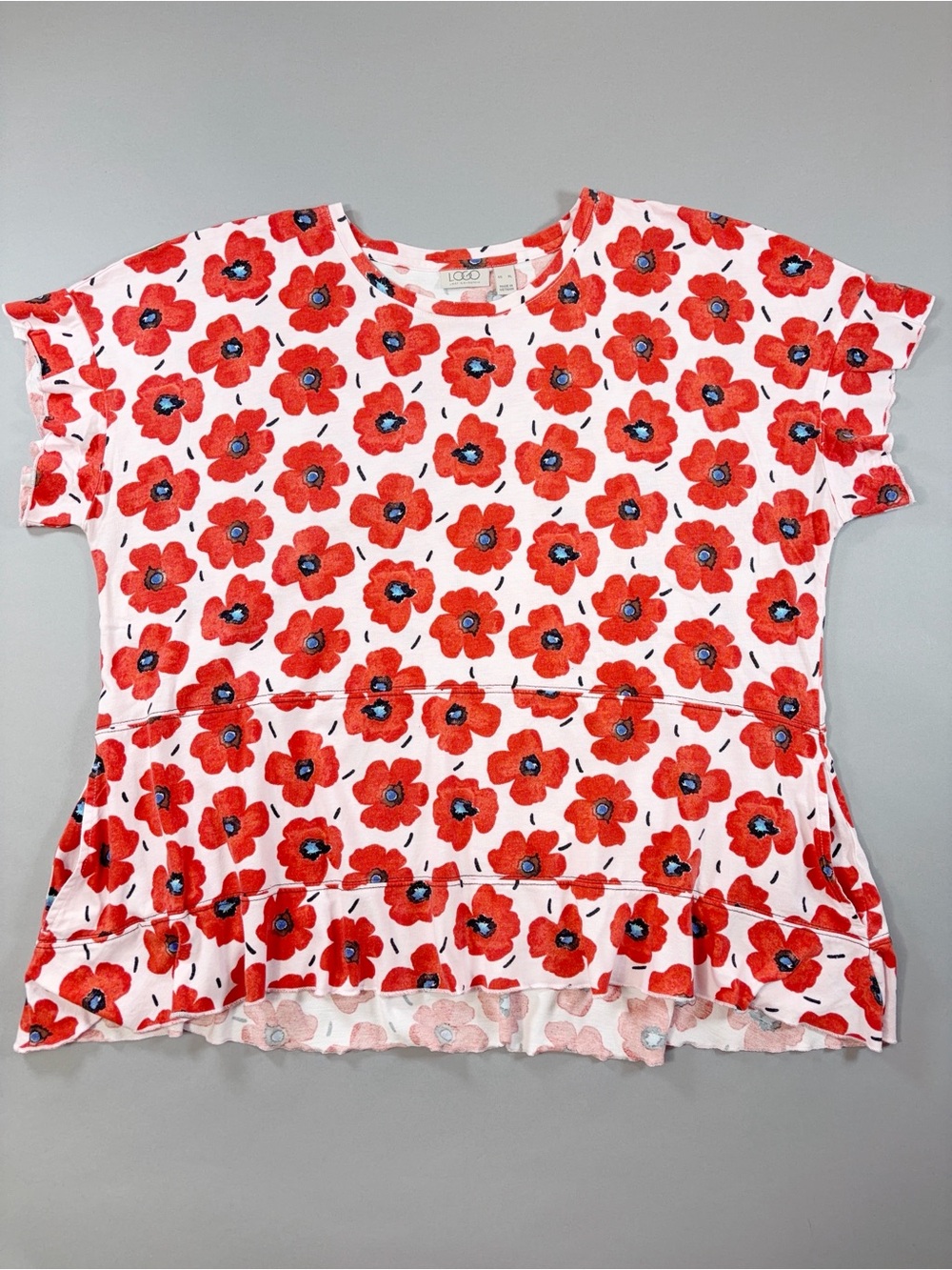 LOGO by Lori Goldstein Light Pink Red Poppy Floral Ruffle Hem Top Cotton Modal